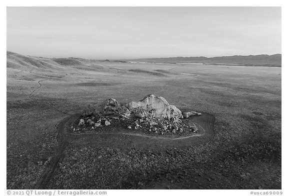Aerial view of Painted Rock and plain at sunrise. Carrizo Plain National Monument, California, USA (black and white)