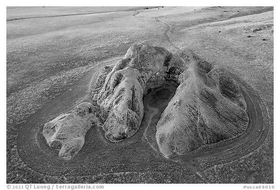 Aerial view of Painted Rock. Carrizo Plain National Monument, California, USA (black and white)