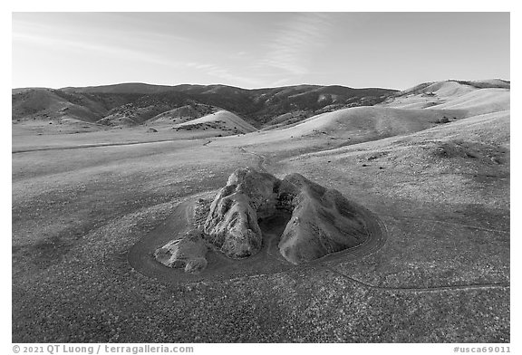 Aerial view of Painted Rock and Caliente Mountains. Carrizo Plain National Monument, California, USA (black and white)