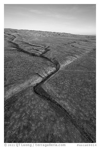 Aerial view of Wallace Creek channel offset by the San Andreas Fault. Carrizo Plain National Monument, California, USA (black and white)