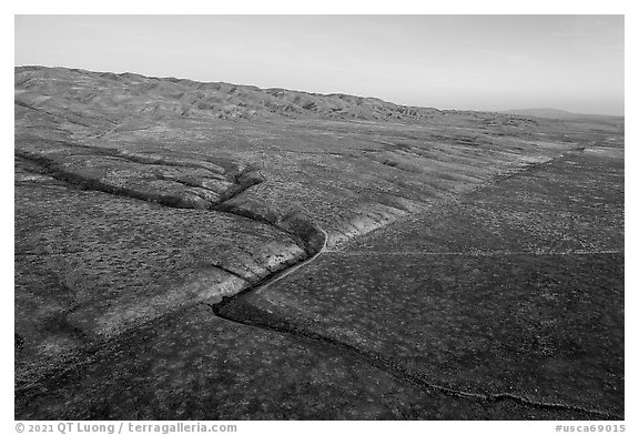 Aerial view of Wallace Creek bend caused by and San Andreas Fault. Carrizo Plain National Monument, California, USA (black and white)