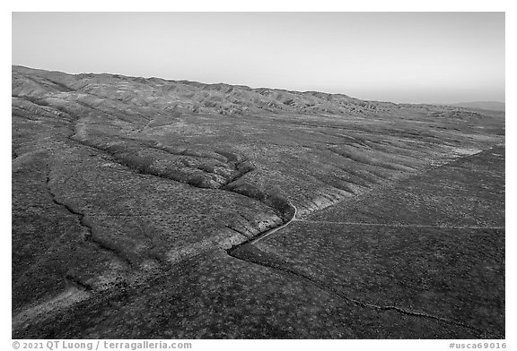 Aerial view of Wallace Creek and San Andreas Fault at sunset. Carrizo Plain National Monument, California, USA (black and white)