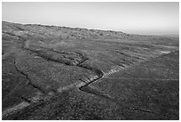 Aerial view of Wallace Creek and San Andreas Fault at sunset. Carrizo Plain National Monument, California, USA ( black and white)