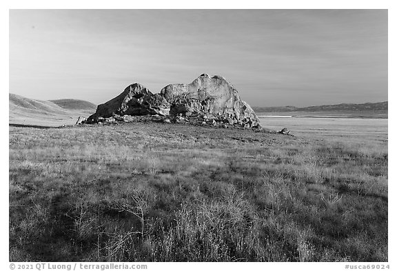Painted Rock sandstone monolith standing forty five feet above the Carrizo Plain floor. Carrizo Plain National Monument, California, USA (black and white)