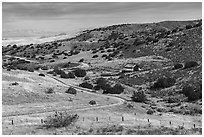 Road and Selby Ranch. Carrizo Plain National Monument, California, USA ( black and white)