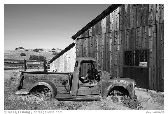 Rusted truck and farm, Selby Ranch. Carrizo Plain National Monument, California, USA (black and white)