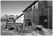 Rusted truck and farm, Selby Ranch. Carrizo Plain National Monument, California, USA ( black and white)