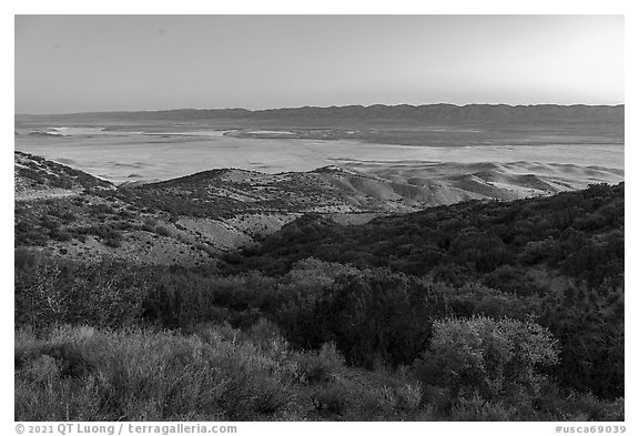 Carrizo Plain from Caliente Range at dawn. Carrizo Plain National Monument, California, USA (black and white)