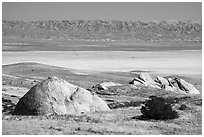 Selby Rocks, plain, and Temblor Range. Carrizo Plain National Monument, California, USA ( black and white)