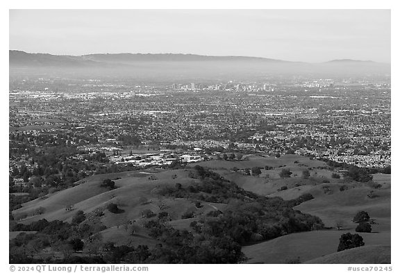 Evergreen College and Silicon Valley from hills. San Jose, California, USA (black and white)