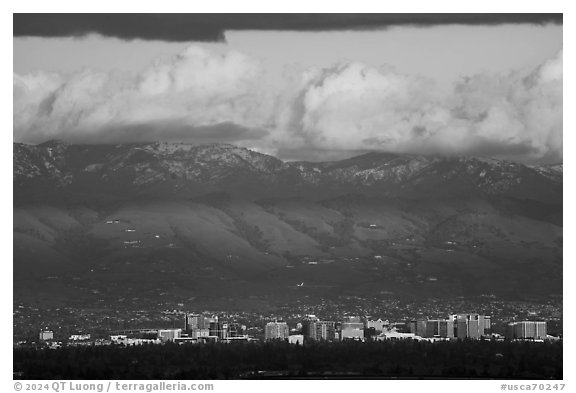 Downtown San Jose skyline and snowy Mt Hamilton. San Jose, California, USA (black and white)