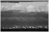 Downtown San Jose skyline and snowy Mt Hamilton. San Jose, California, USA ( black and white)