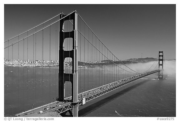Golden Gate bridge and fog seen from Battery Spencer, afternoon. San Francisco, California, USA (black and white)
