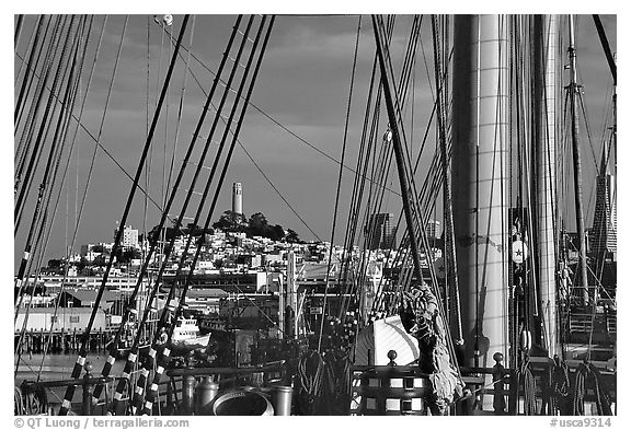 Telegraph Hill and Coit Tower seen through the masts of the Balclutha. San Francisco, California, USA (black and white)