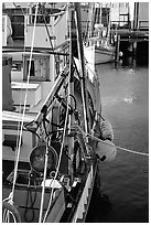Fishing boat anchored in  Fisherman's Wharf. San Francisco, California, USA (black and white)