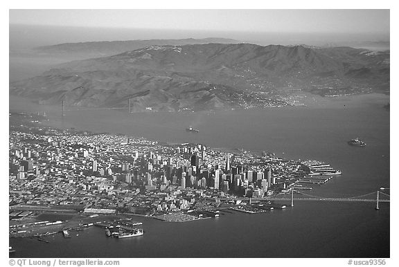 Aerial view of Downtown, the Golden Gate Bridge, and the Marin Headlands. San Francisco, California, USA (black and white)