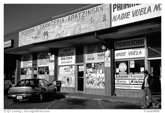 Mexican storefronts. Redwood City,  California, USA (black and white)