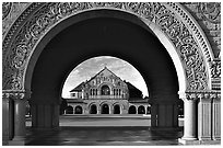 Memorial Chapel through the Quad's arch, early morning. Stanford University, California, USA (black and white)