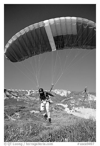 Paraglider launching, the Dumps, Pacifica. San Mateo County, California, USA (black and white)