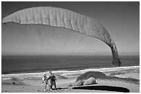 Paragliders practising in sand dunes, Marina. California, USA (black and white)