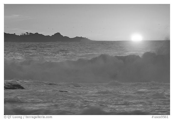 Crashing surf and sunset,  Carmel River State Beach. Carmel-by-the-Sea, California, USA (black and white)