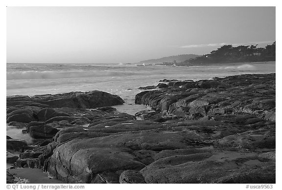 Rock ledges at  sunset,  Carmel River State Beach. Carmel-by-the-Sea, California, USA (black and white)