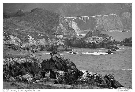 Rocky coast and Bixbie Creek Bridge. Big Sur, California, USA (black and white)