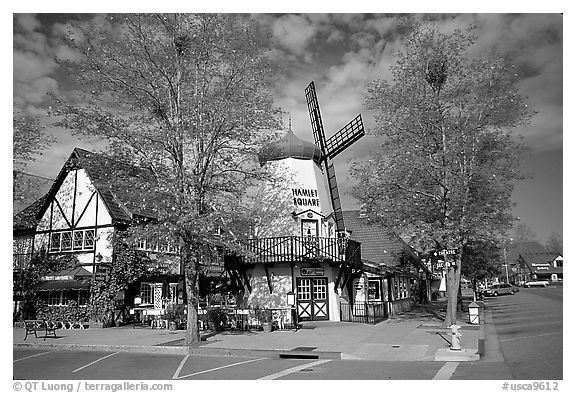 Windmill, Danish village. Solvang, California, USA (black and white)