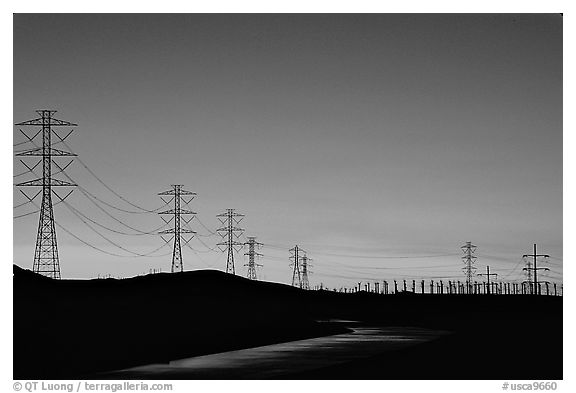 Power lines at sunset, Central Valley. California, USA (black and white)