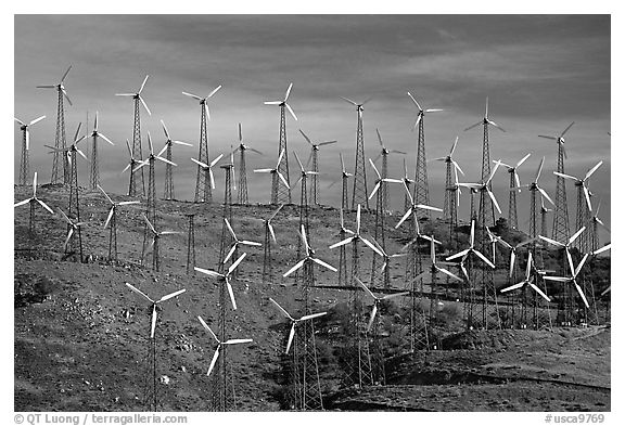 Windmills on barren hills, Tehachapi Pass. California, USA (black and white)