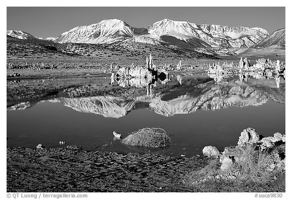 Tufas and Sierra, winter sunrise. Mono Lake, California, USA (black and white)