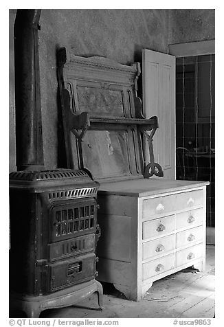 Interior furnishings, Ghost Town, Bodie State Park. California, USA (black and white)