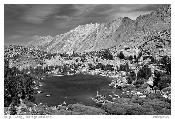 Small Lake, mountain, and fisherman, Inyo National Forest. California, USA (black and white)