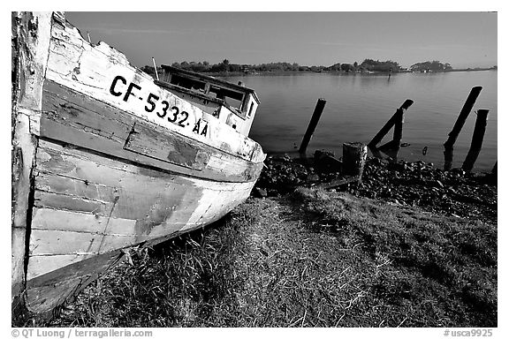 Boat and Bay near Eureka. California, USA (black and white)