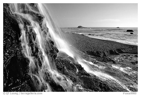 Alamere Falls and beach. Point Reyes National Seashore, California, USA (black and white)