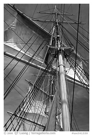 Masts and sails of Charles W Morgan historic ship. Mystic, Connecticut, USA (black and white)