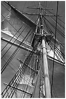 Masts and sails of Charles W Morgan historic ship. Mystic, Connecticut, USA (black and white)
