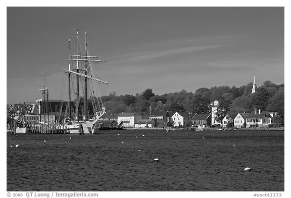Ship, houses, and church across the Mystic River. Mystic, Connecticut, USA