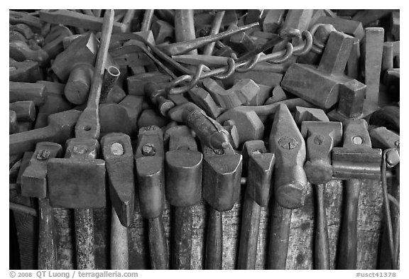 Tools in shipsmith shop. Mystic, Connecticut, USA (black and white)