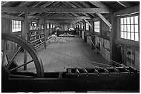 Fibers being spun into yards, Ropewalk. Mystic, Connecticut, USA ( black and white)