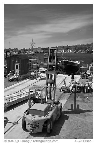 Boat being built at shiplift. Mystic, Connecticut, USA (black and white)