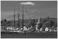 Mystic River, tall ship and village. Mystic, Connecticut, USA (black and white)