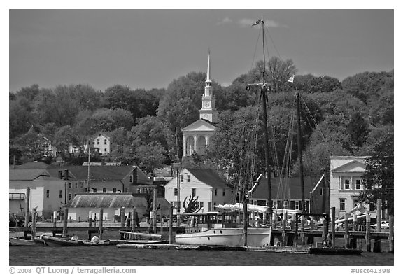 Pier, village and church. Mystic, Connecticut, USA (black and white)