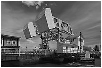 Counterweights of the Mystic River drawbridge. Mystic, Connecticut, USA (black and white)