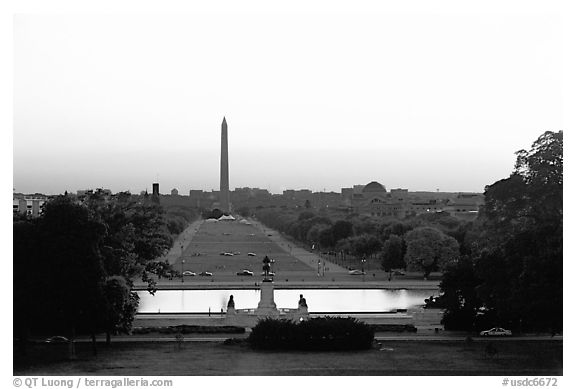 The National Mall and Washington monument seen from the Capitol, sunset. Washington DC, USA (black and white)