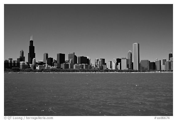 Skyline of the city above Lake Michigan, morning. Chicago, Illinois, USA (black and white)