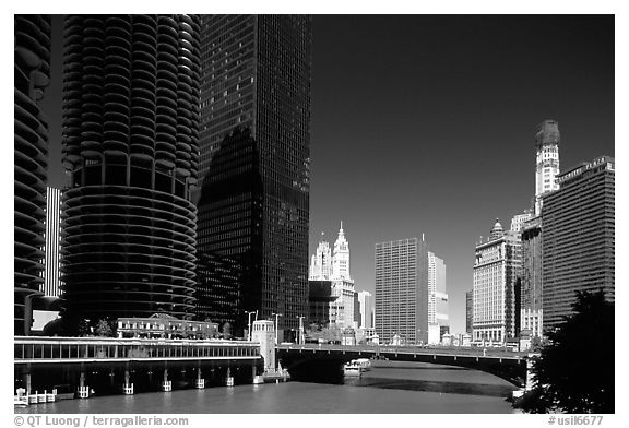 Chicago River flowing through downtown. Chicago, Illinois, USA (black and white)