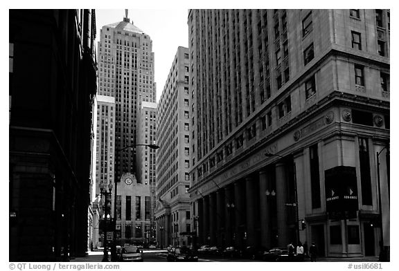 Chicago board of exchange amongst high rises buildings. Chicago, Illinois, USA (black and white)