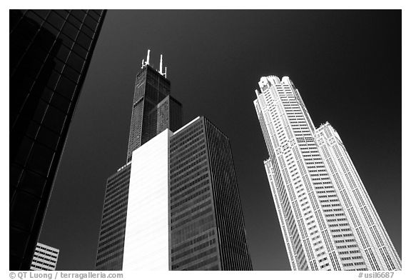 Sears tower and other skyscrappers towering in the sky. Chicago, Illinois, USA (black and white)