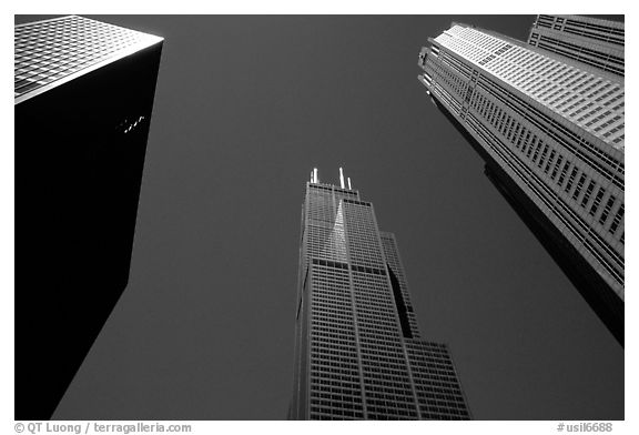 Upwards view of sears tower framed by other skyscrappers. Chicago, Illinois, USA (black and white)